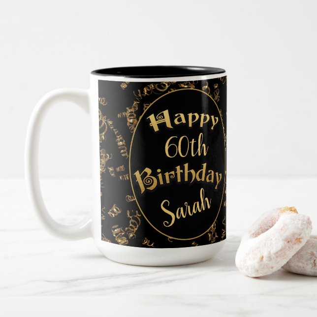 60th Birthday Mug in Black and Gold (With Donut)