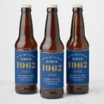 60th Birthday Name 1962 Blue Gold Elegant Chic Beer Bottle Label<br><div class="desc">A personalized elegant beer label that is easy to customize for that special occasion.</div>