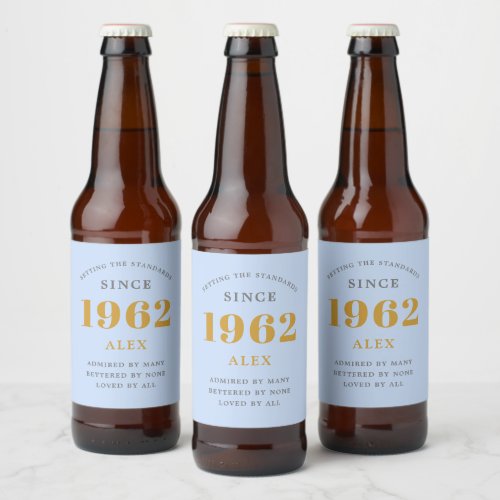 60th Birthday Name 1962 Blue Gray Elegant Chic Beer Bottle Label