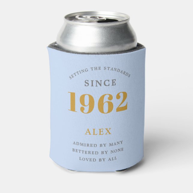 60th Birthday Name 1962 Blue Grey Elegant Chic Can Cooler (Can Back)