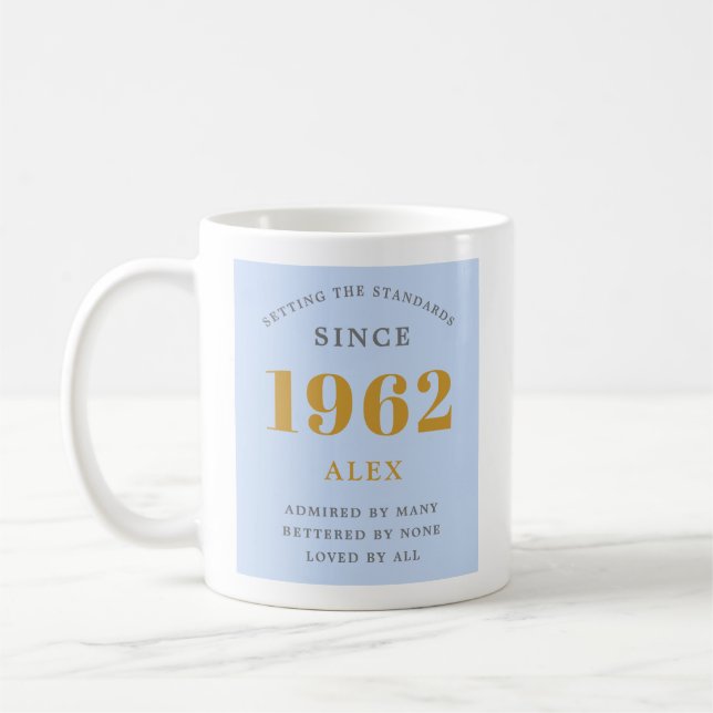 60th Birthday Name 1962 Blue Grey Elegant Chic Coffee Mug (Left)