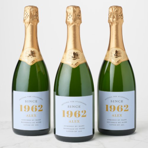 60th Birthday Name 1962 Blue Grey Elegant Chic Sparkling Wine Label