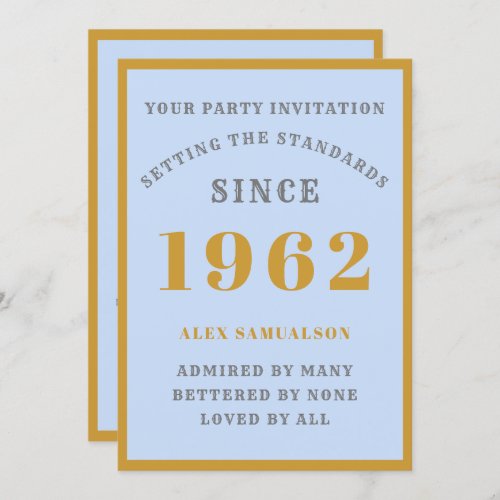 60th Birthday Name 1962 Elegant Chic Blue Gold Invitation