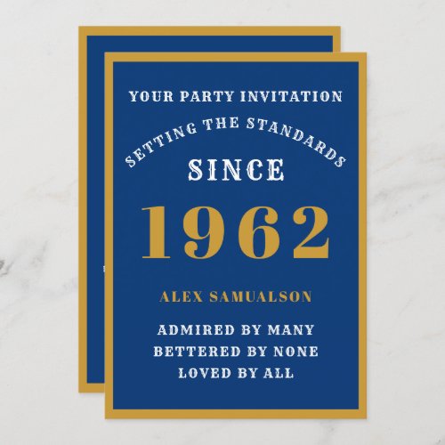 60th Birthday Name 1962 Elegant Chic Blue Gold Invitation