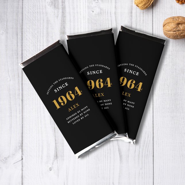60th Birthday Name 1964 Black Gold Elegant Chic Hershey Bar Favors (1964 Vintage Black Gold Elegant Hershey Bar - Personalized 60th Birthday Celebration Favors)