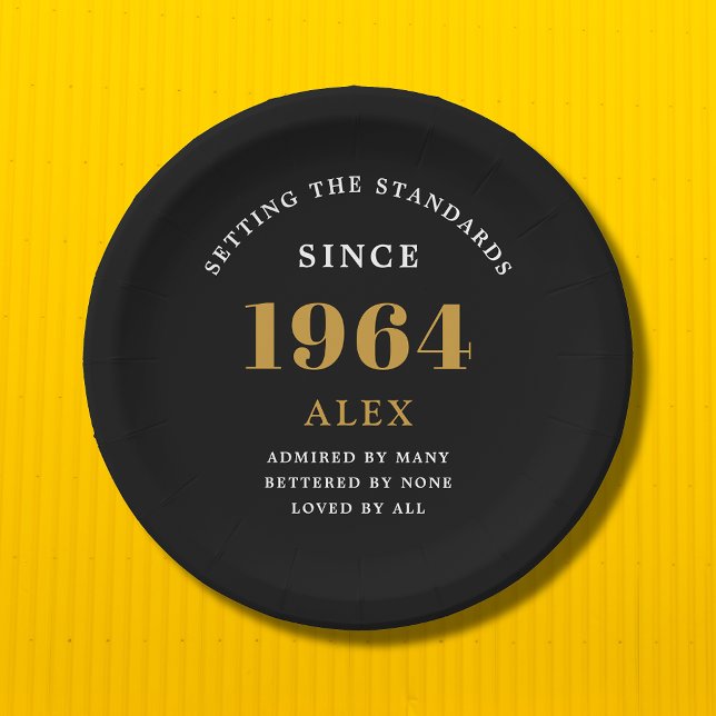 60th Birthday Name 1964 Black Gold Elegant Chic Paper Plates (Sophisticated 60th Birthday Unique Black & Gold Party Paper Plates.)