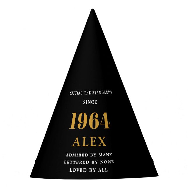 60th Birthday Name 1964 Black Gold Elegant Chic Party Hat (Front)