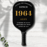 60th Birthday Name 1964 Black Gold Elegant Chic Pickleball Paddle<br><div class="desc">Chic '1964' 60th Birthday Black and Gold Personalized Pickleball Paddle - Elegant Design for Sports Enthusiasts. Celebrate a significant milestone in style with our chic '1964' 60th birthday black and gold pickleball paddle. Elegantly designed and fully personalized, this paddle blends birthday charm and utility in one. Ideal for anyone with...</div>