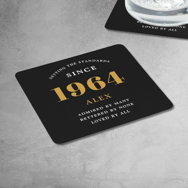 60th Birthday Name 1964 Black Gold Elegant Chic Square Paper Coaster (Premium 60th Birthday Black and Gold Personalized Paper Coasters - Celebration Elegance.)