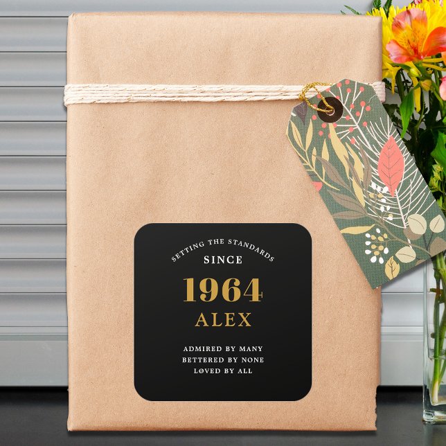 60th Birthday Name 1964 Black Gold Elegant Chic Square Sticker (60th Birthday 1964 Elegance: Exceptionally Chic Black and Gold Square Sticker.)