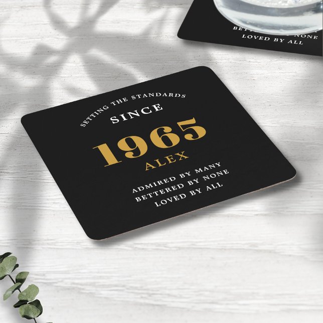 60th Birthday Name 1965 Black Gold Elegant Chic Square Paper Coaster (60th birthday personalized paper coaster.)