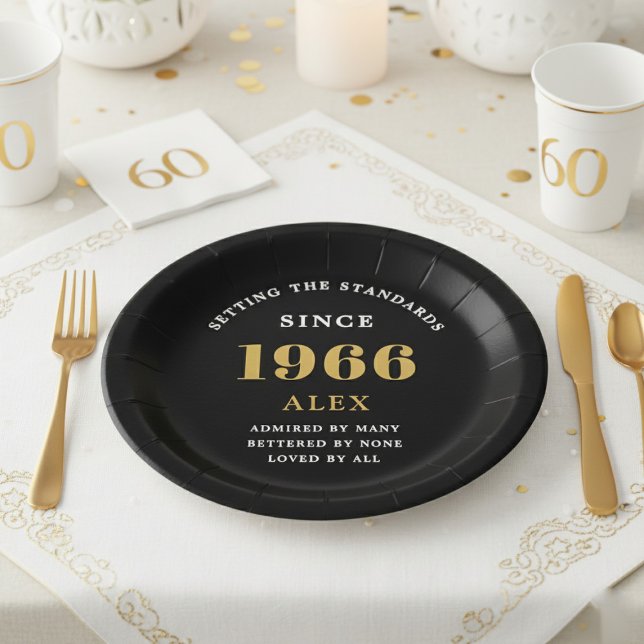 60th Birthday Name 1966 Black Gold Elegant Chic Paper Plates (1966 black birthday paper plate. White background)
