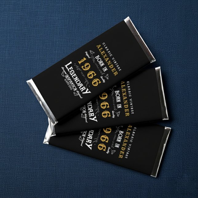 60th Birthday Name 1966 Black Gold Legend Hershey Bar Favors (Born 1966 Hershey bar wrappers. Blue background.)