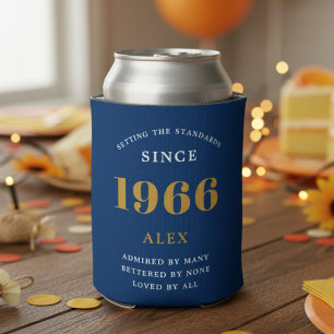 60th Birthday Name 1966 Blue Gold Elegant Chic Can Cooler