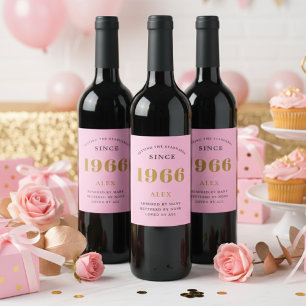60th Birthday Name 1966 Pink Gold Elegant Chic Wine Label