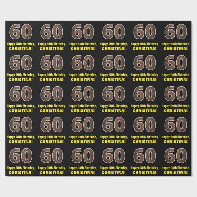 60th Birthday: Name & Faux Wood Grain Pattern "60" Wrapping Paper (Flat)