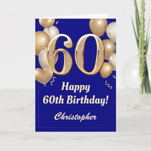 60th Birthday Navy Blue and Gold Balloons Confetti Card