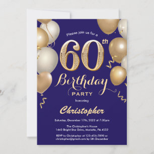 60th Birthday Navy Blue and Gold Balloons Confetti Invitation