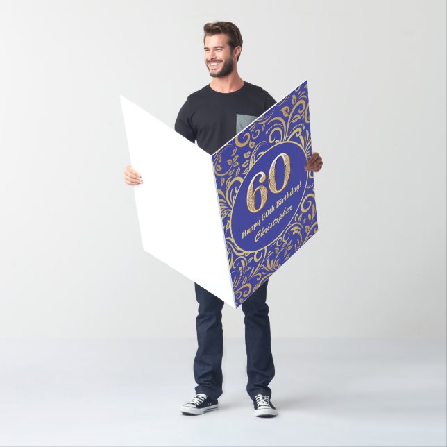 60th Birthday Navy Blue and Gold Floral Pattern Card (In Situ)