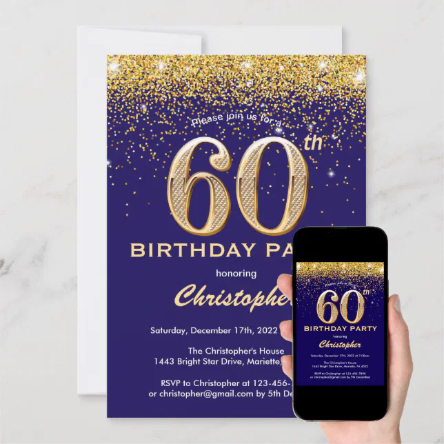 60th Birthday Navy Blue and Gold Glitter Confetti Invitation | Zazzle