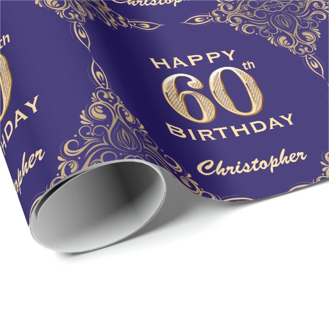 60th Birthday Navy Blue and Gold Glitter Frame Wrapping Paper (Roll Corner)