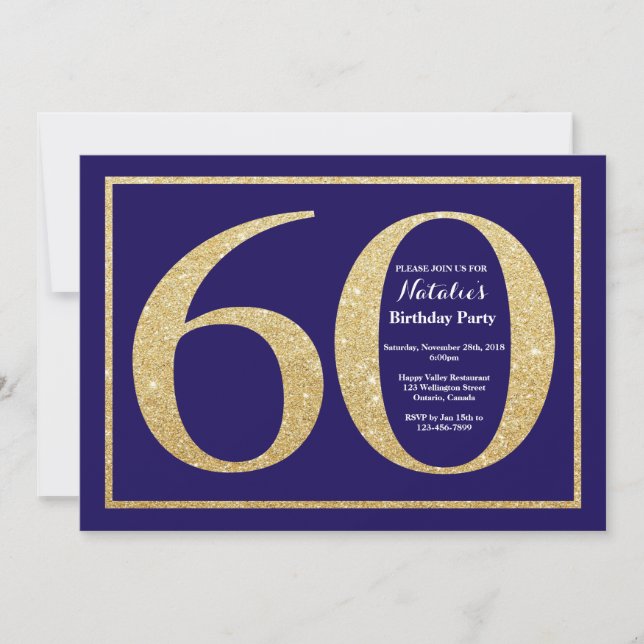 60th Birthday Navy Blue and Gold Glitter Invitation (Front)