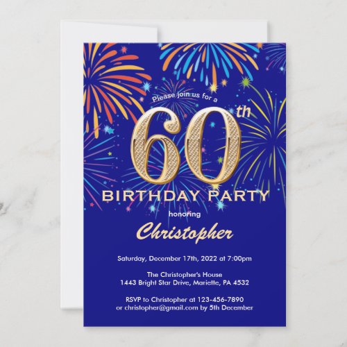 60th Birthday Navy Blue and Gold Rainbow Fireworks Invitation