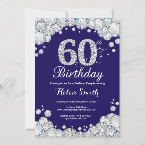 60th Birthday Navy Blue and Silver Diamond