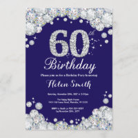 60th Birthday Navy Blue and Silver Diamond