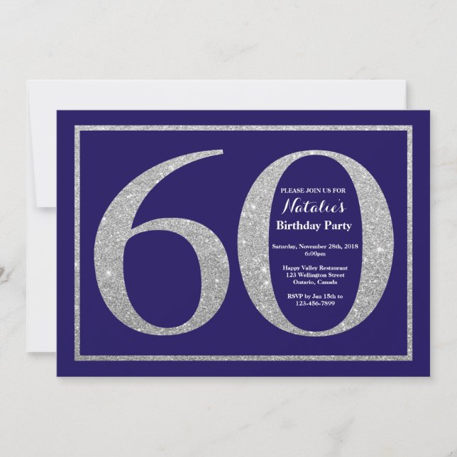 60th Birthday Navy Blue and Silver Glitter Invitation (Front)