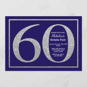 60th Birthday Navy Blue and Silver Glitter Invitation