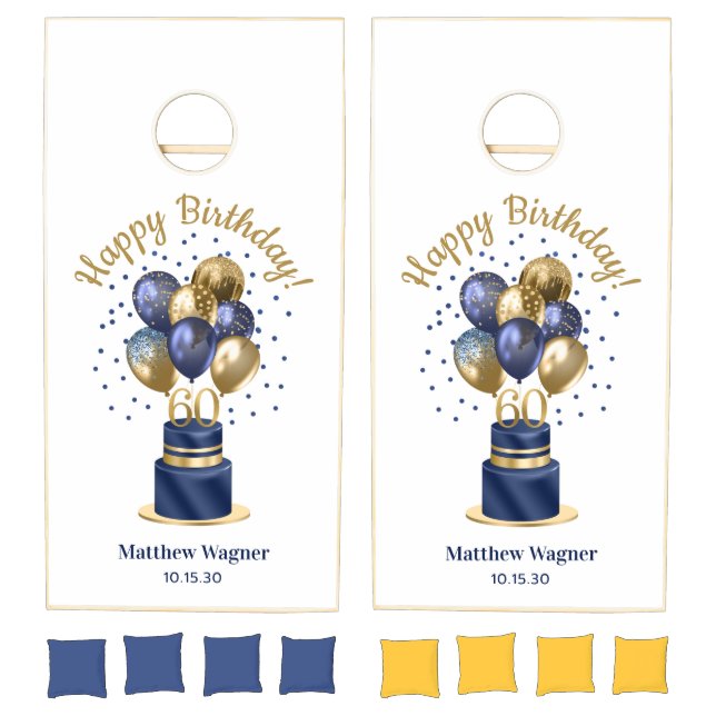 60th Birthday Navy Blue Balloon Cake Cornhole Set (Set)