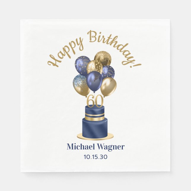 60th Birthday Navy Blue Balloon Cake Napkins (Front)