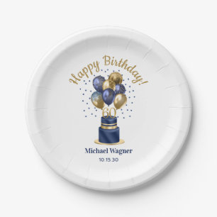 60th Birthday Navy Blue Balloon Cake Paper Plates