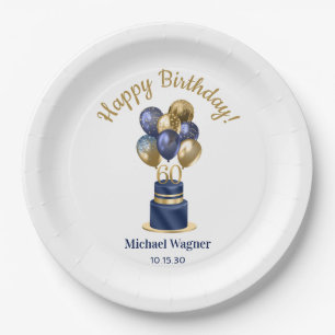 60th Birthday Navy Blue Balloon Cake Paper Plates