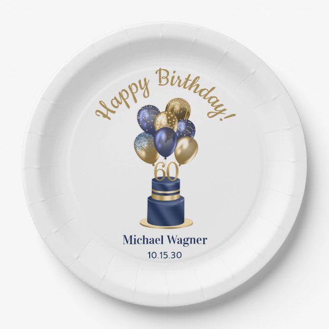 60th Birthday Navy Blue Balloon Cake Paper Plates (Front)