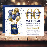 60th Birthday Navy Blue Balloon Cake Save The Date<br><div class="desc">This fabulous men's 60th birthday party Save the Date card featuring a 2-layer navy blue and gold cake with navy blue and gold balloons, the number 60 in gold and shiny blue confetti would be perfect for asking people to put this special date aside for the upcoming 60th Birthday Party....</div>