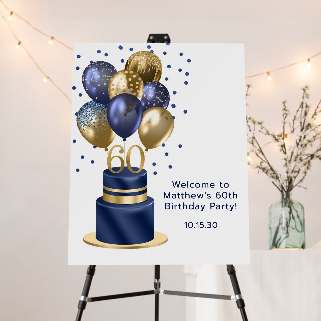 60th Birthday Navy Blue Balloon Cake Welcome Foam Board (In Situ (Stand))