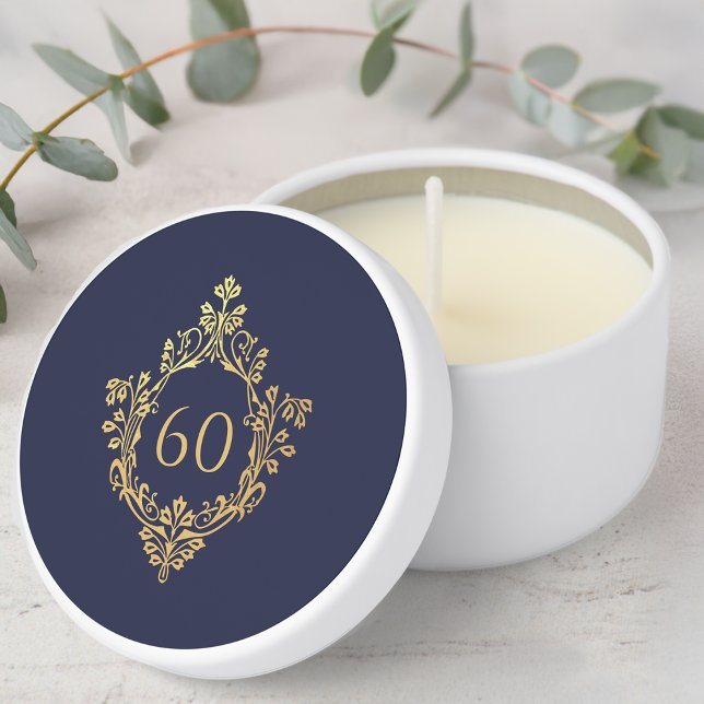 60th Birthday Navy Blue Elegant Faux Gold Crest Mini Candle Favors (Creator Uploaded)