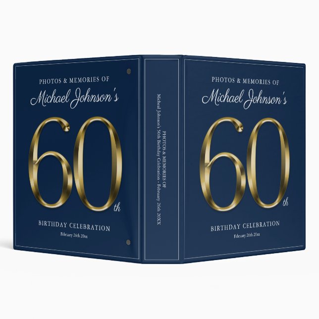 60th Birthday Navy Blue Elegant Gold Text Custom 3 Ring Binder (Background)