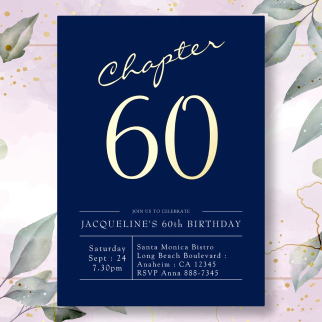 60th Birthday Navy Blue Gold Foil Invitation (Creator Uploaded)