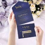 60th Birthday navy blue gold rsvp All In One Invitation<br><div class="desc">A navy blue background. The blue color is uneven.  Personalize and add name,  party details,  RSVP date,  return address and name.  Sixty with a heart.  Gold foil inside.</div>
