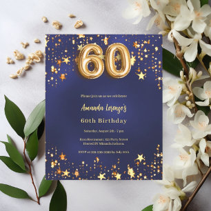 60th birthday navy blue gold stars invitation