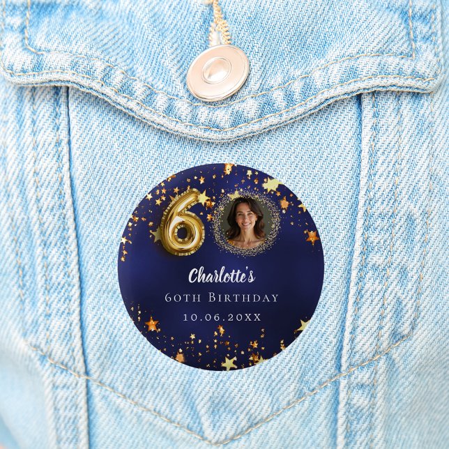 60th birthday navy blue gold stars photo button (Creator Uploaded)