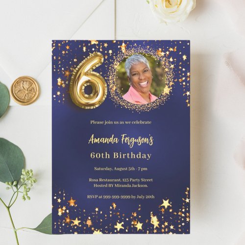 60th birthday navy blue gold stars photo invitation