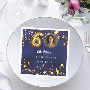 60th birthday navy blue gold stars photo napkins
