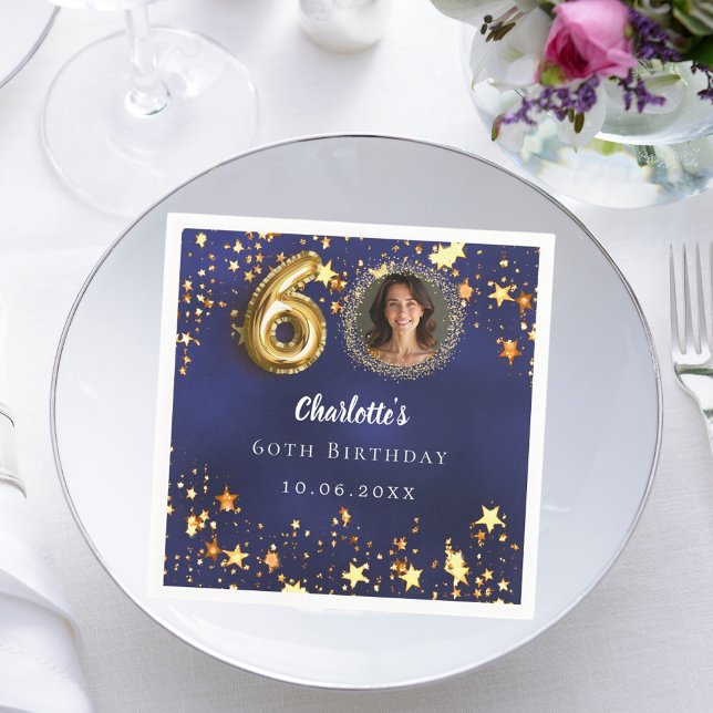 60th birthday navy blue gold stars photo napkins (Creator Uploaded)