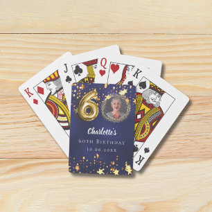60th birthday navy blue gold stars photo poker cards
