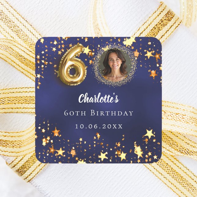 60th birthday navy blue gold stars photo square sticker (Creator Uploaded)