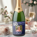 60th Birthday navy blue photo Sparkling Wine Label<br><div class="desc">A navy blue background. The blue color is uneven. Personalize and add a date,  name and a photo.  Age number written with a faux silver looking balloon style font.</div>